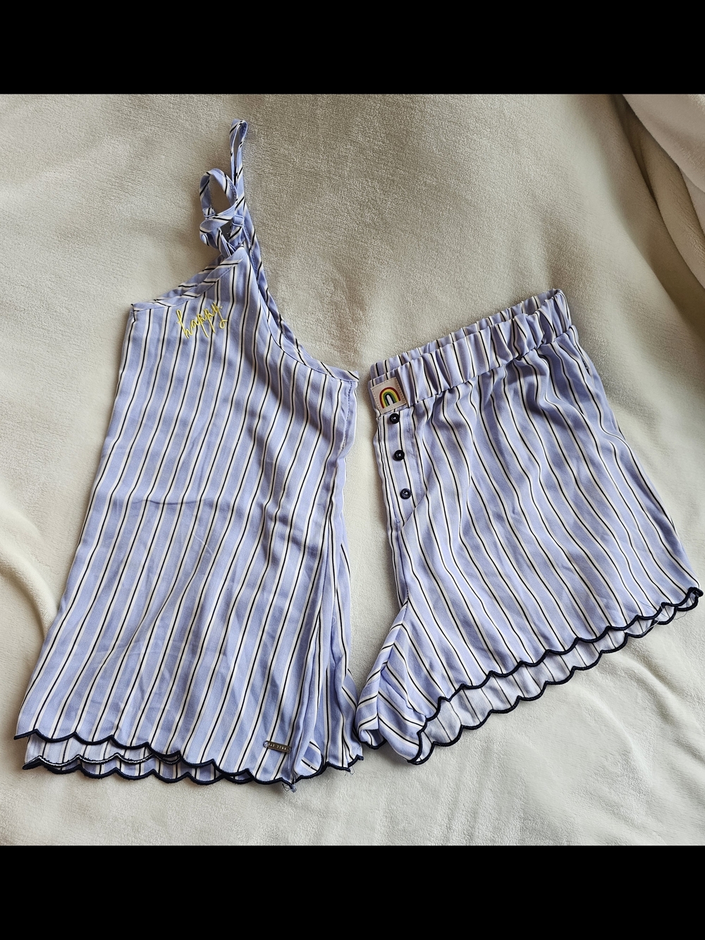 Rae Dunn Blue Striped Pajamas With Rainbow & Happy Embroidered